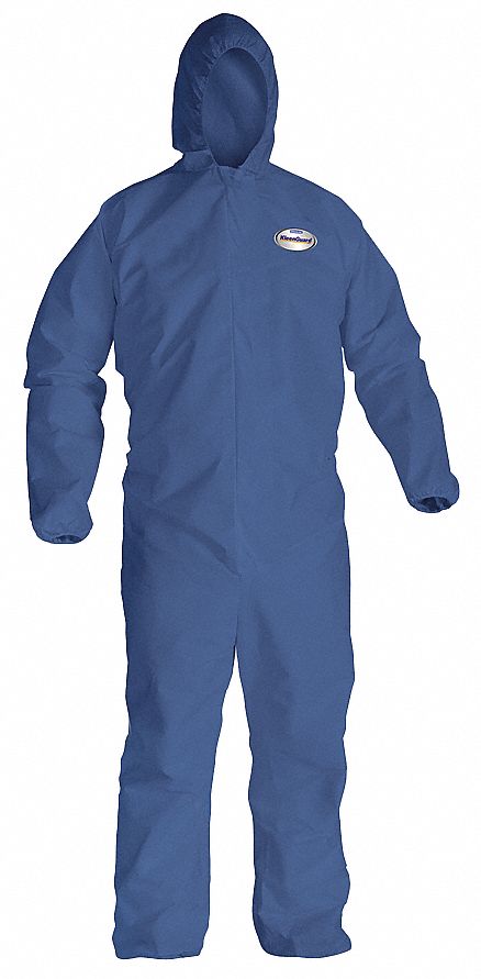 HOODED DISPOSABLE COVERALLS, ELASTIC CUFFS/ANKLES, SERGED SEAM, BLUE, L