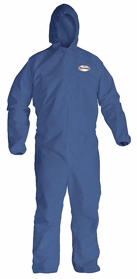 HOODED DISPOSABLE COVERALLS, ELASTIC CUFFS/ANKLES, SERGED SEAM, BLUE, 3XL