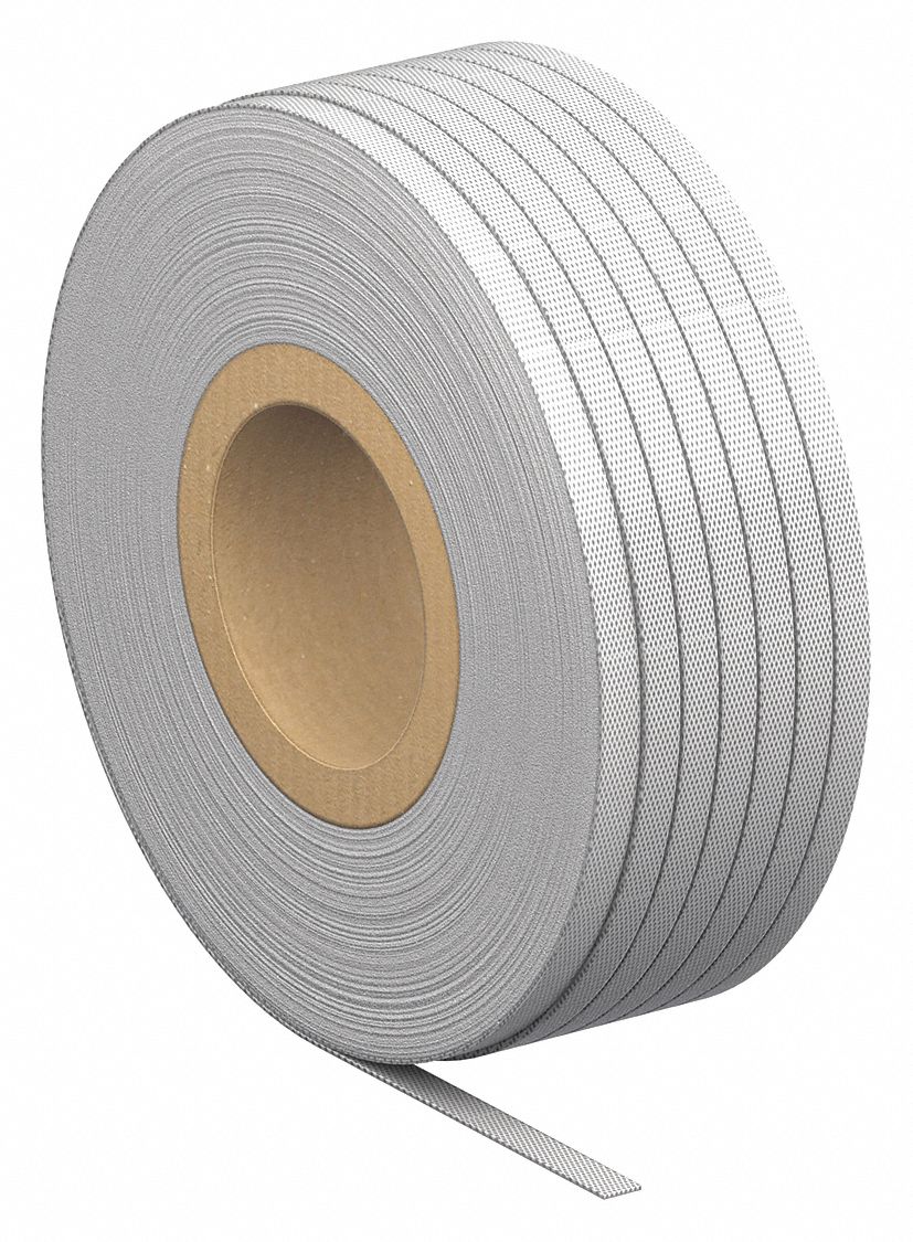 PLASTIC STRAPPING, 525 LB BREAK STRENGTH, 1,125 FT OVERALL L, WHITE, 3/8 IN STRAPPING WD