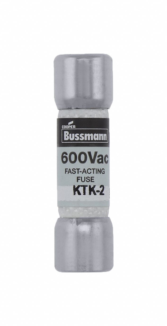 Fuse: KTK Series, Midget, Fast-Acting, 2 A, 600 V AC, 13/32 in x 1 1/2 in, Non-Indicating