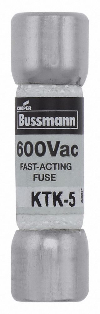 Fuse: KTK Series, Midget, Fast-Acting, 5 A, 600 V AC, 13/32 in x 1 1/2 in, Non-Indicating