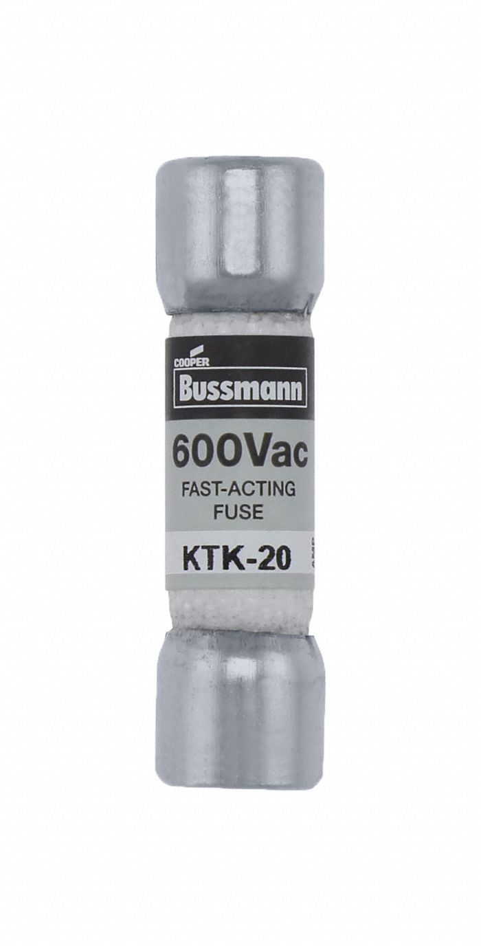Fuse: KTK Series, Midget, Fast-Acting, 20 A, 600 V AC, 13/32 in x 1 1/2 in, Non-Indicating
