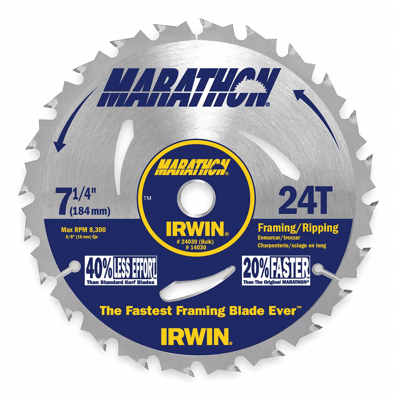 CIRCULAR SAW BLADE, CARBIDE, 7¼ IN DIA, 24, ⅝ IN, ATB, 20 ° , FOR SOFT/HARDWOOD