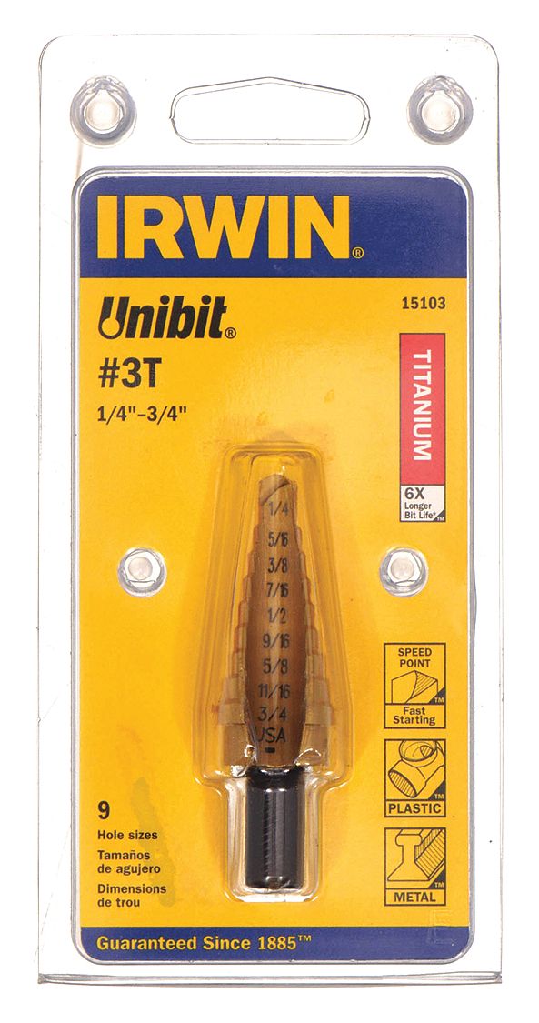 IRWIN, 9 Hole Sizes, 1/4 in to 3/4 in, Step Drill Bit 4XK6815103