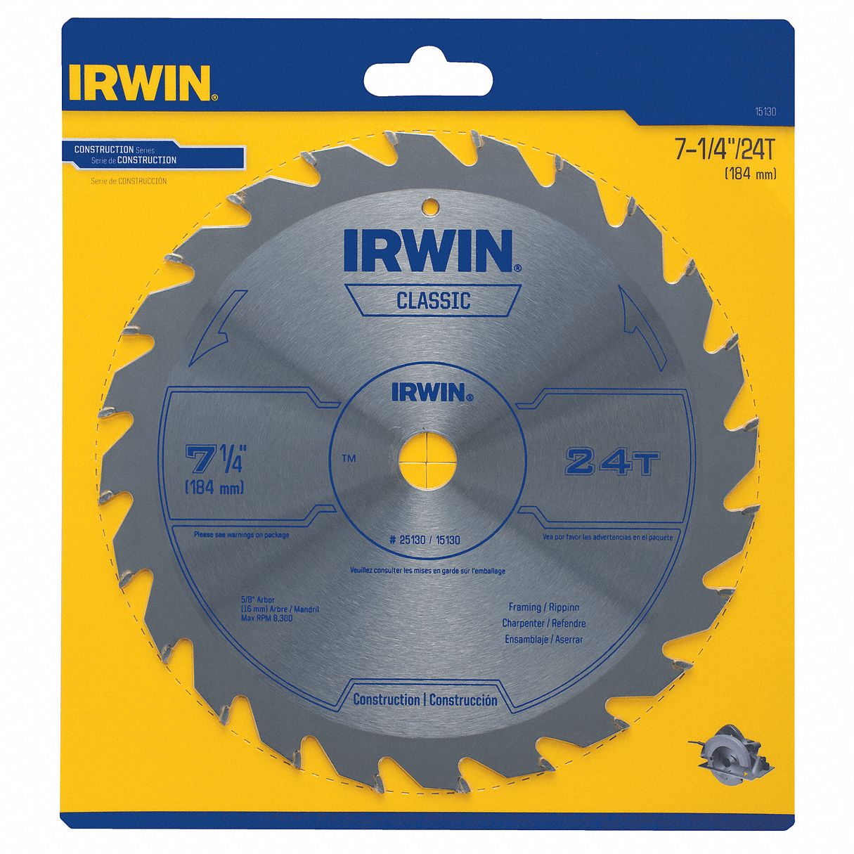 CIRCULAR SAW BLADE, CARBIDE, 7¼ IN DIA, 24, ⅝ IN, ATB, 19 ° , FOR WOOD-CUTTING