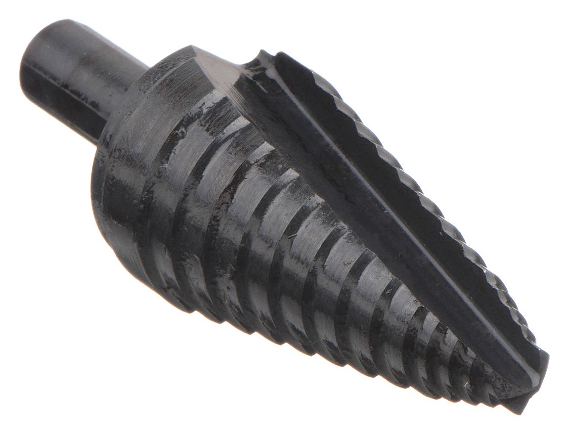 Step Drill Bit: 1/2" to 1", Black Oxide HSS, 3-Flats Shank