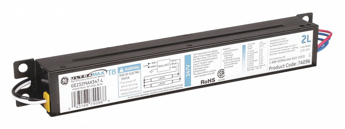 FLUORESCENT BALLAST, T12/T8, 347V AC, 1 TO 2 BULBS SUPPORTED, 48 W BULB MAX