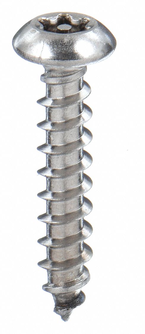 Tamper Resistant Screw: #10 Size, 1 in Lg, Stainless Steel, Plain, Torx®/Star, Button, 500 PK