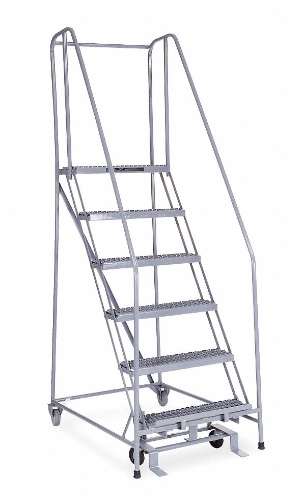 Rolling Ladder: 5 ft Platform Ht, Assembled, Steel, Manual Lock, Serrated, 30 in x 46 in