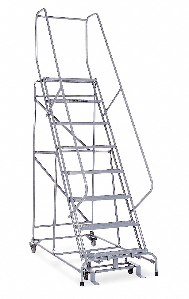 Rolling Ladder: 6.7 ft Platform Ht, Assembled, Steel, Manual Lock, Expanded Metal