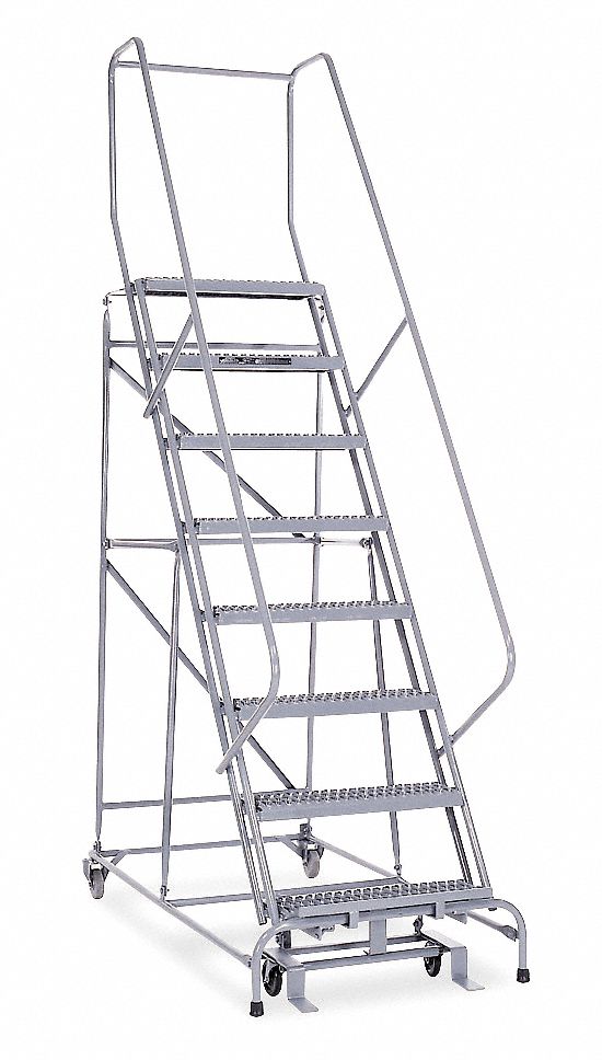 Rolling Ladder: 6.7 ft Platform Ht, Assembled, Steel, Manual Lock, Serrated, 32 in x 61 in