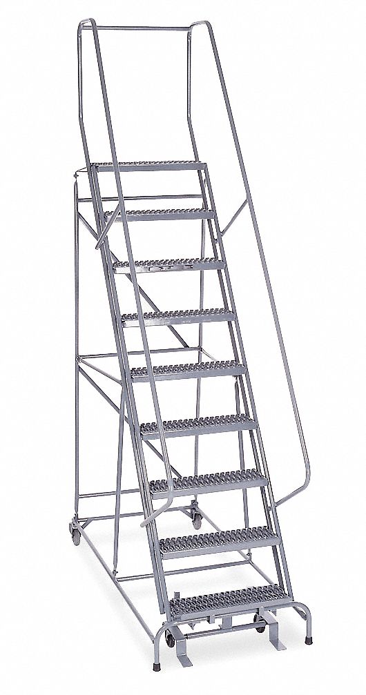 Rolling Ladder: 7.5 ft Platform Ht, Assembled, Steel, Manual Lock, Serrated, 32 in x 67 in