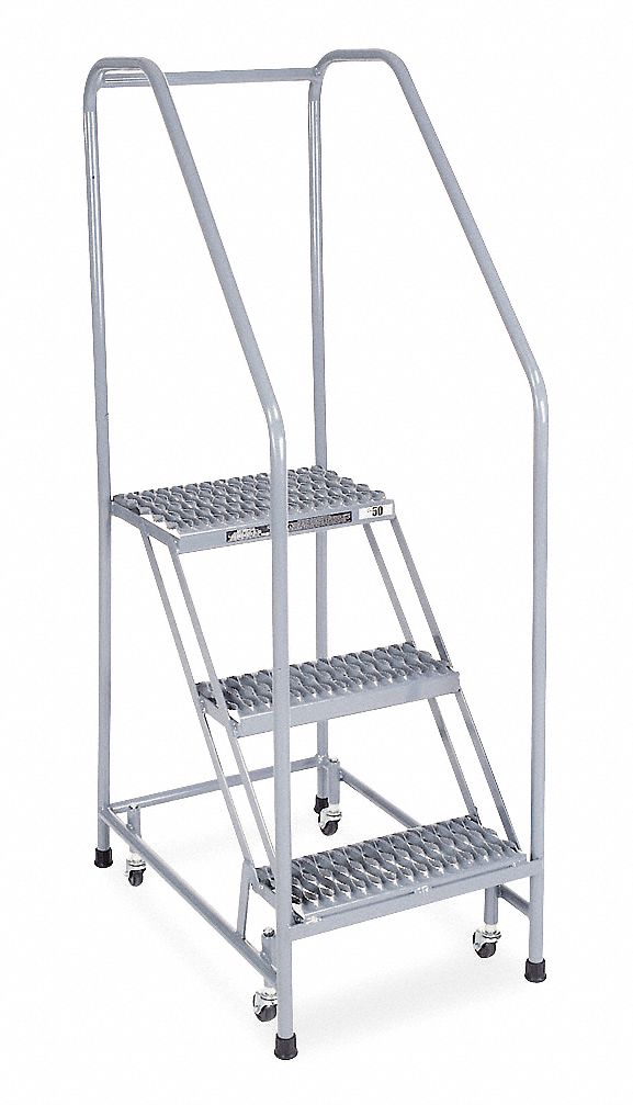 Rolling Ladder: 2.5 ft Platform Ht, Assembled, Steel, Wt-Actuated Auto-Lock, Serrated