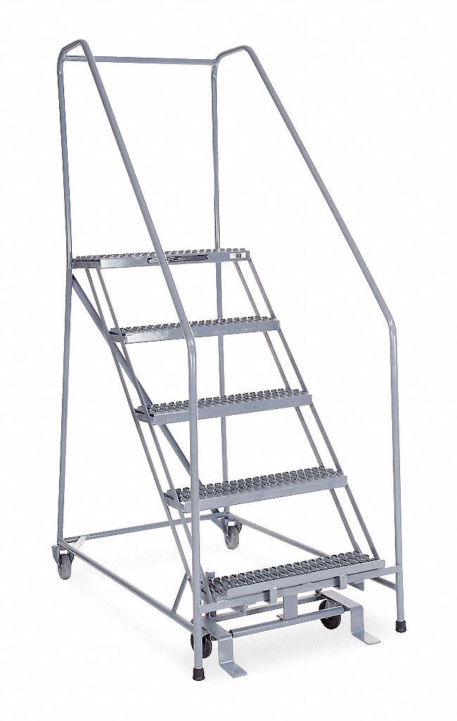 Rolling Ladder: 4.2 ft Platform Ht, Assembled, Steel, Manual Lock, Serrated, 30 in x 51 in