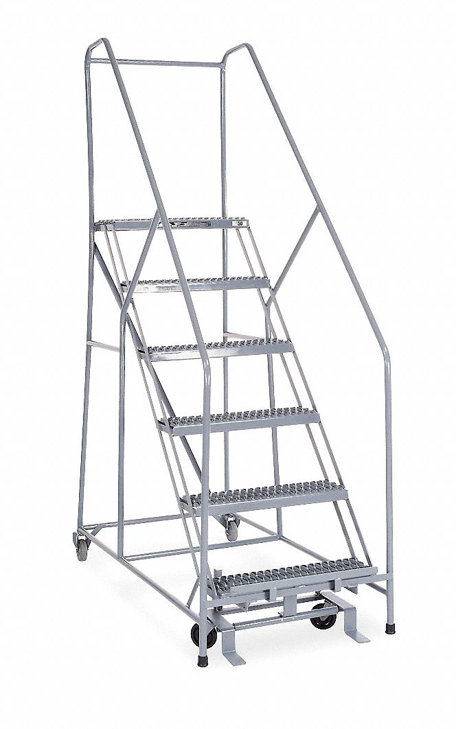 Rolling Ladder: 5 ft Platform Ht, Assembled, Steel, Manual Lock, Serrated, 30 in x 60 in