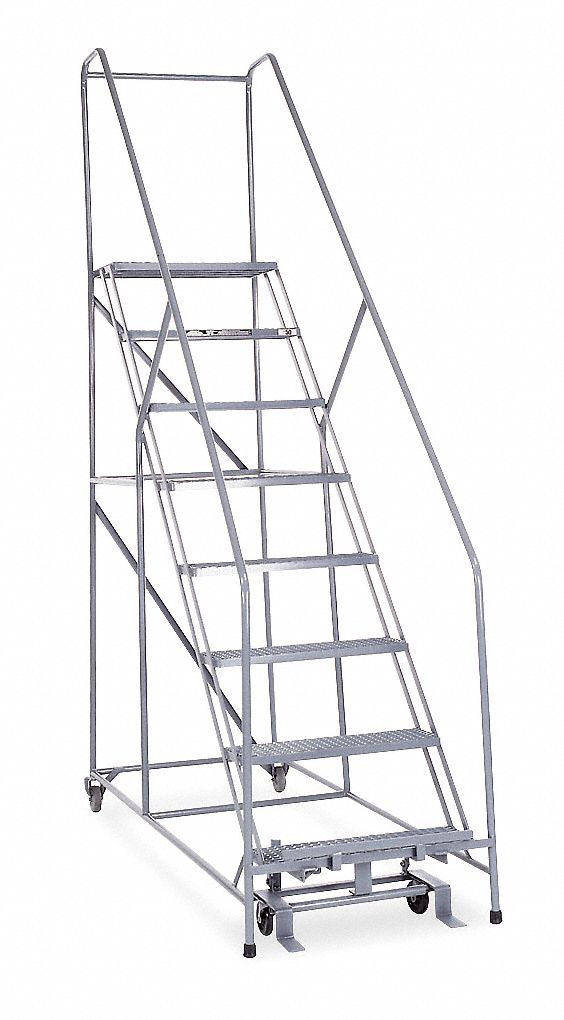 Rolling Ladder: 6.7 ft Platform Ht, Assembled, Steel, Manual Lock, Expanded Metal