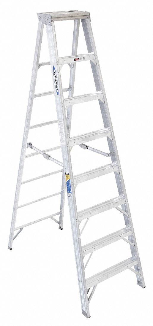 Stepladder: 8 ft Ladder Ht, 7 Steps, 375 lb, 54 3/4 in Base Spread, 28 in Bottom Wd