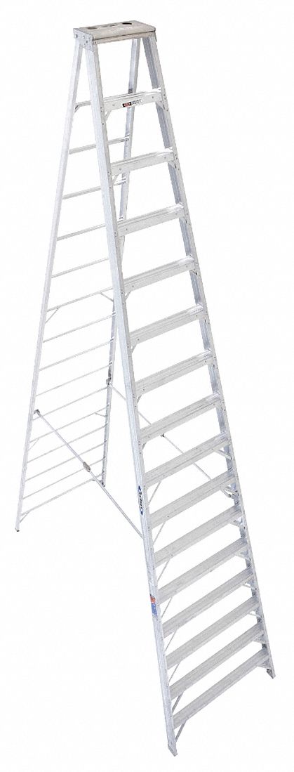 Stepladder: 16 ft Ladder Ht, 15 Steps, 300 lb, 104 in Base Spread, 42 in Bottom Wd