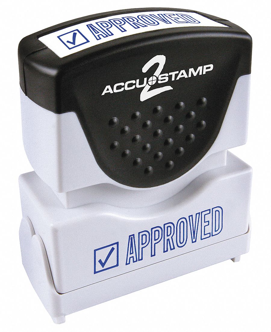 Message Stamp: APPROVED, Blue, Plastic, 1/2 in Imprint Area Ht, 1 5/8 in Imprint Area Wd
