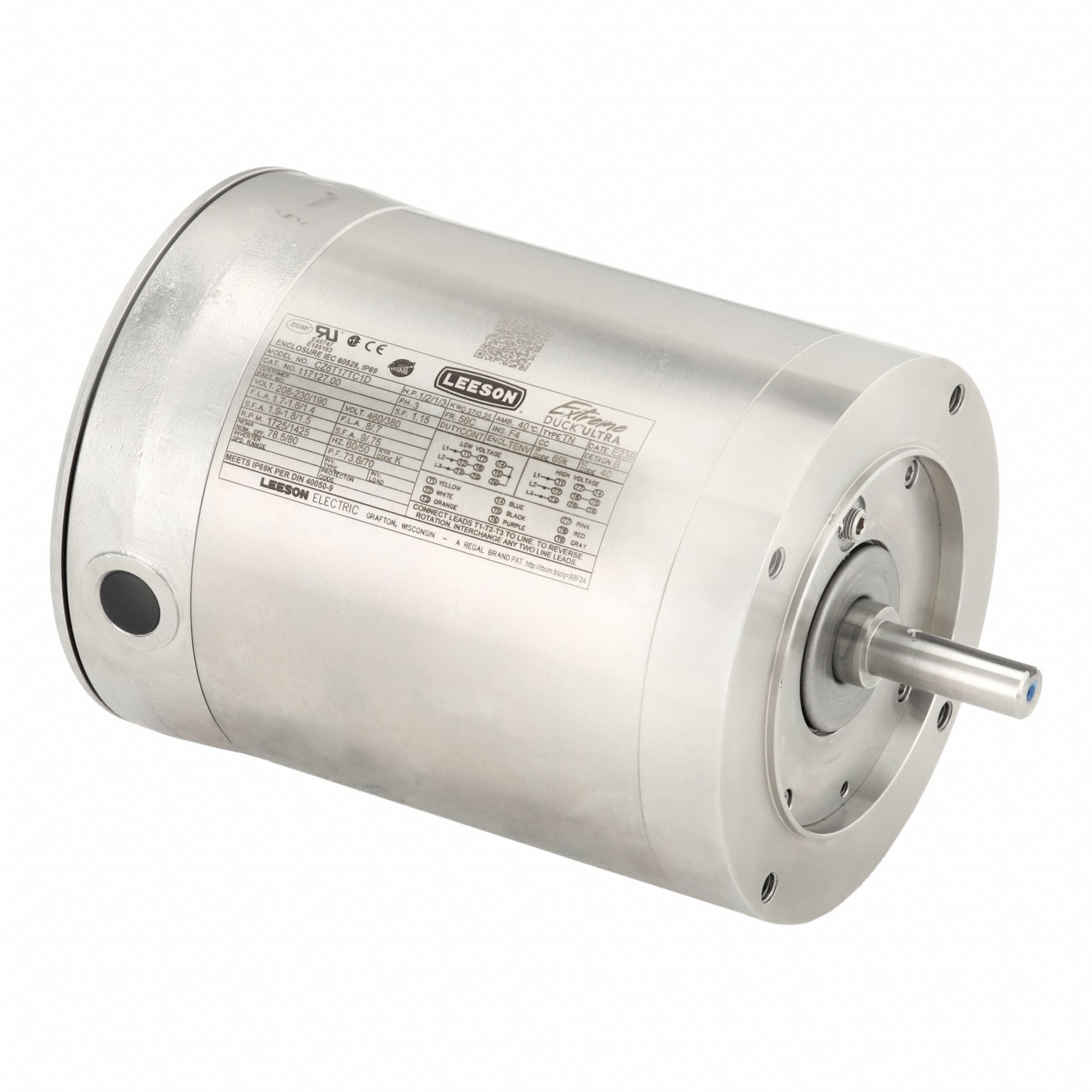 Washdown Motor: Three-Phase, 1/2 hp Horsepower, 1, 725 RPM RPM, 230/460V AC, 56C Frame Size