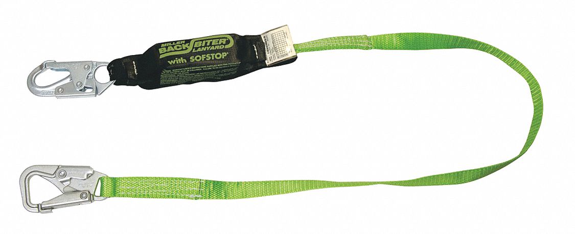 Shock-Absorbing Lanyard: Shock Pack, Steel Snap Hook, Steel Snap Hook, 310 lb Capacity, Green