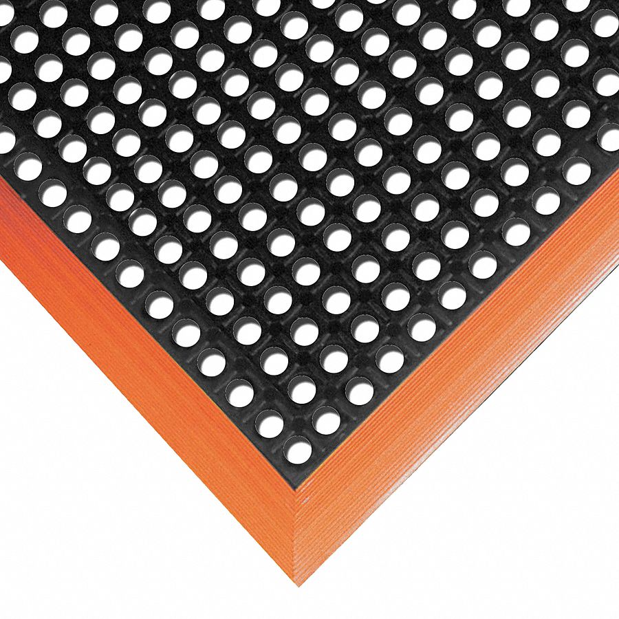 ANTIFATIGUE MAT, 38 X 64 IN, ⅞ IN THICK, RAISED DIAMOND STUDS, BLACK/ORANGE BORDER