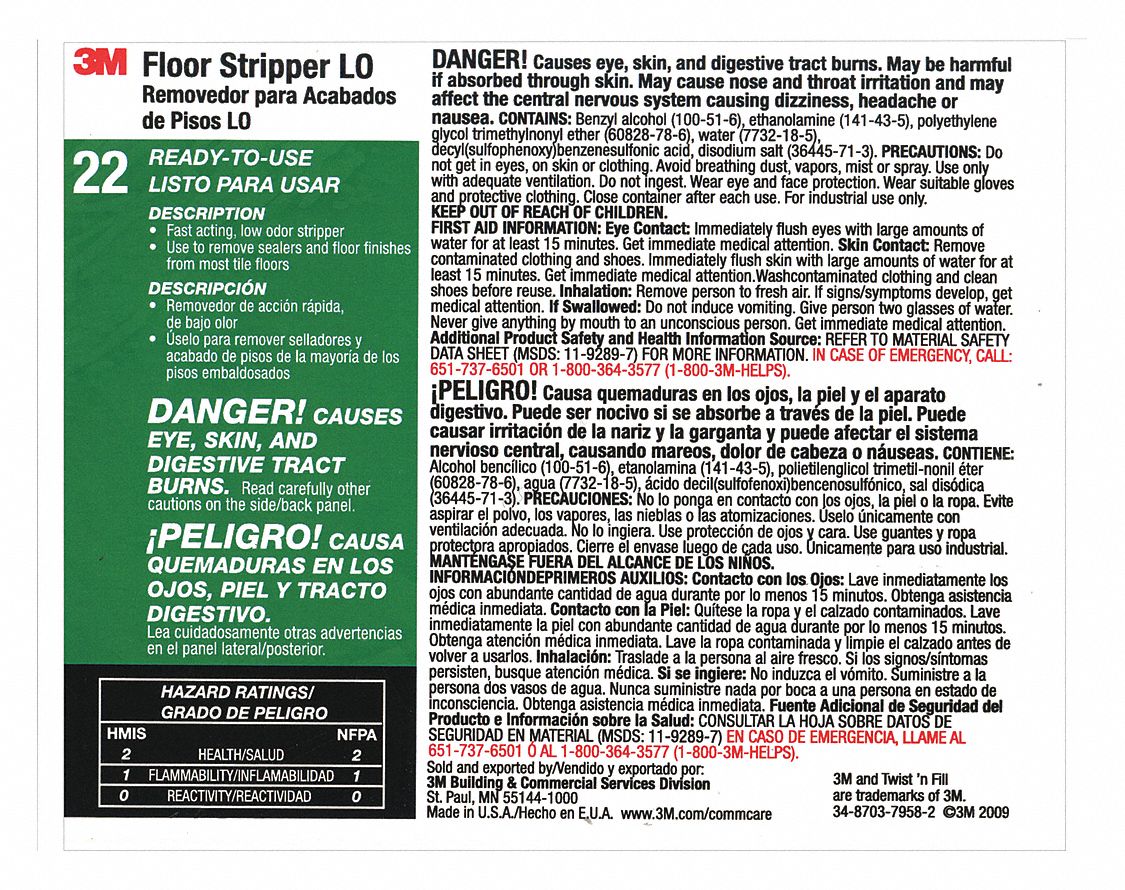 Secondary Bottle Label: 11 in Ht, 8 1/2 in Wd, 3M Floor Stripper L0 22, 12 PK
