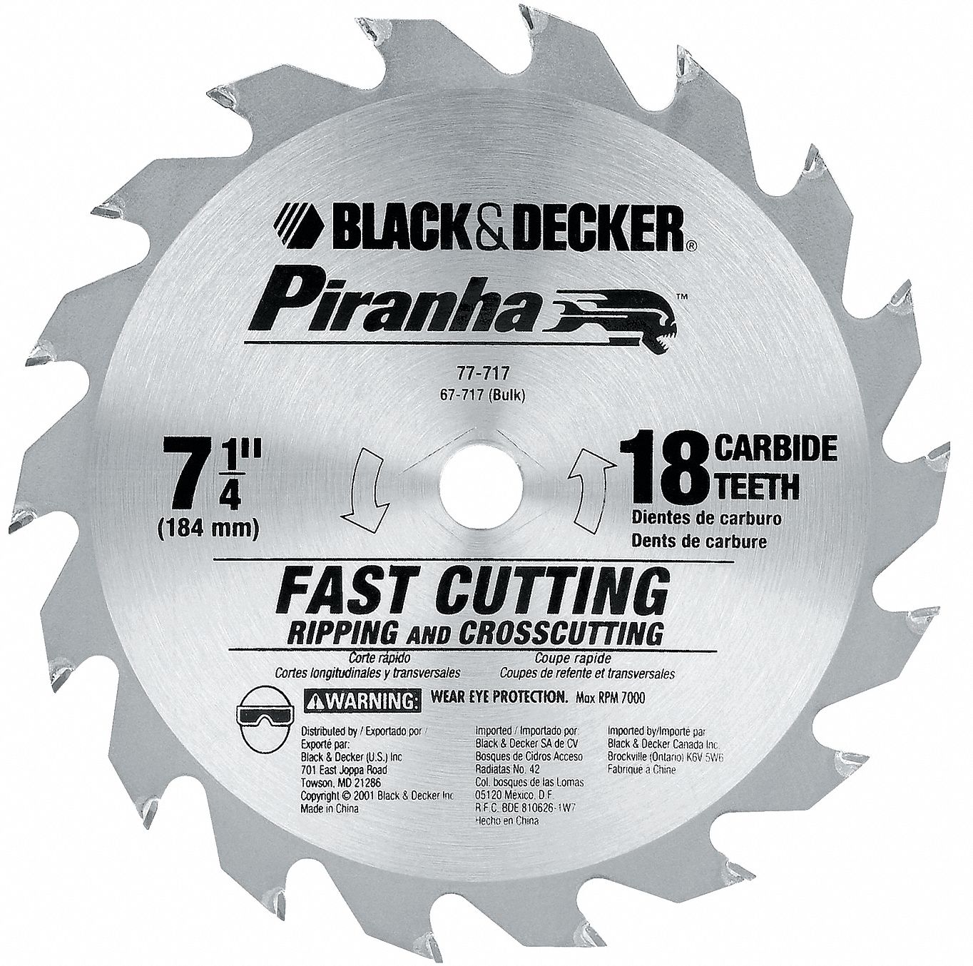 BLACK & DECKER, 7 1/4 in Blade Dia., 18 Teeth, Circular Saw Blade -  4YK26