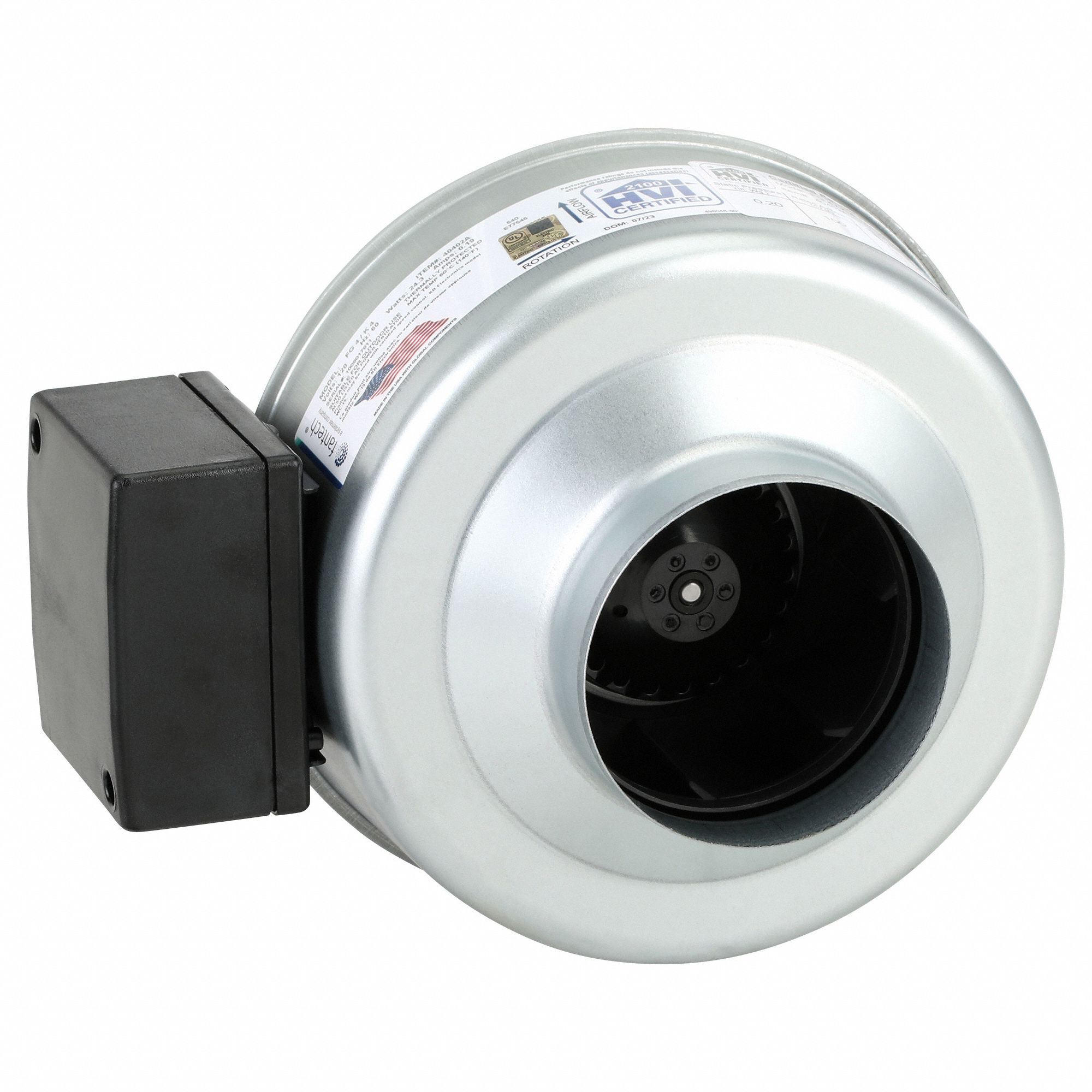 In-Line Duct Fan: 135 cfm Max., 4 in Duct, 20 W, 120V AC, 1 Ph, IP44, Galvanized Steel