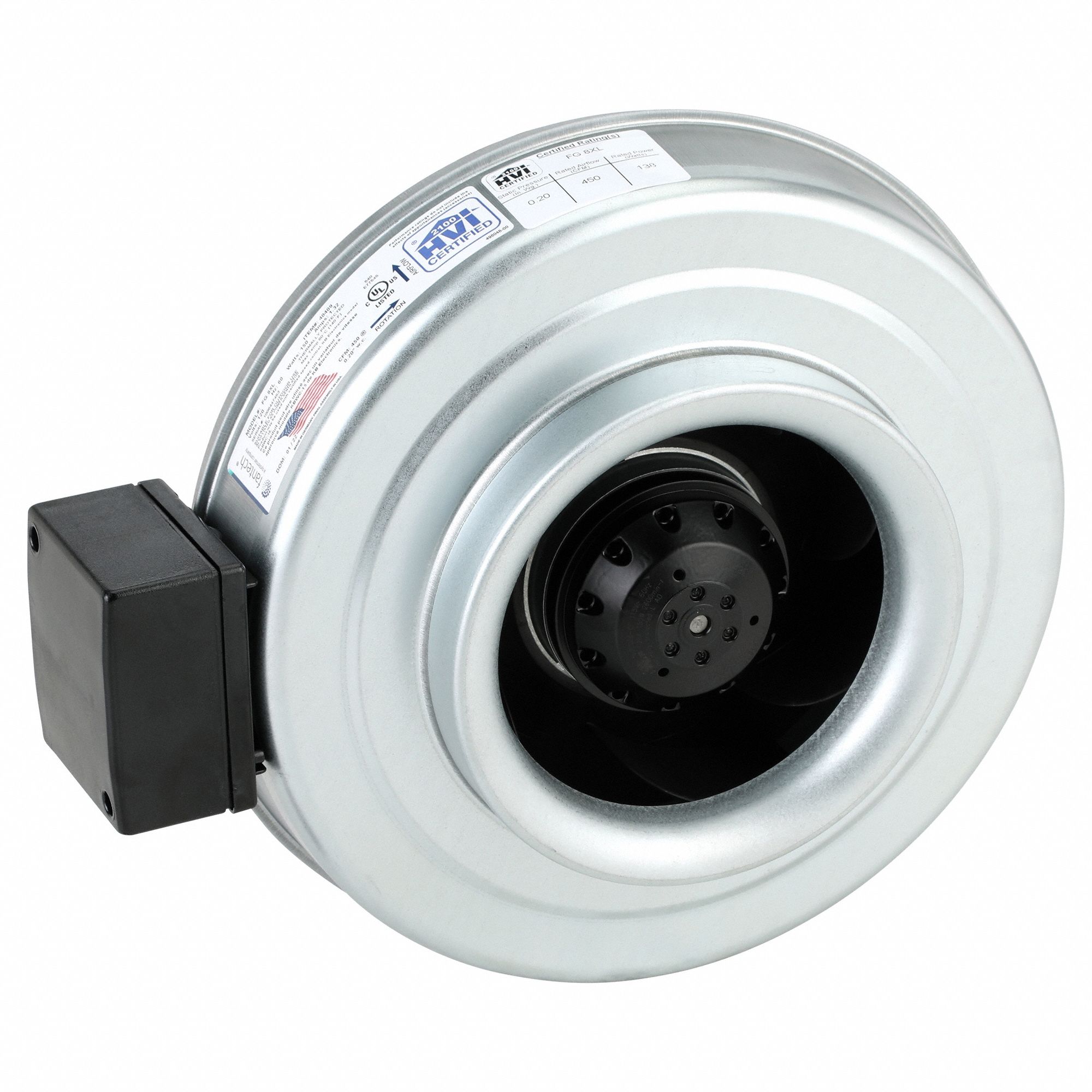 In-Line Duct Fan: 502 cfm Max., 8 in Duct, 137 W, 120V AC, 1 Ph, IP44, Galvanized Steel