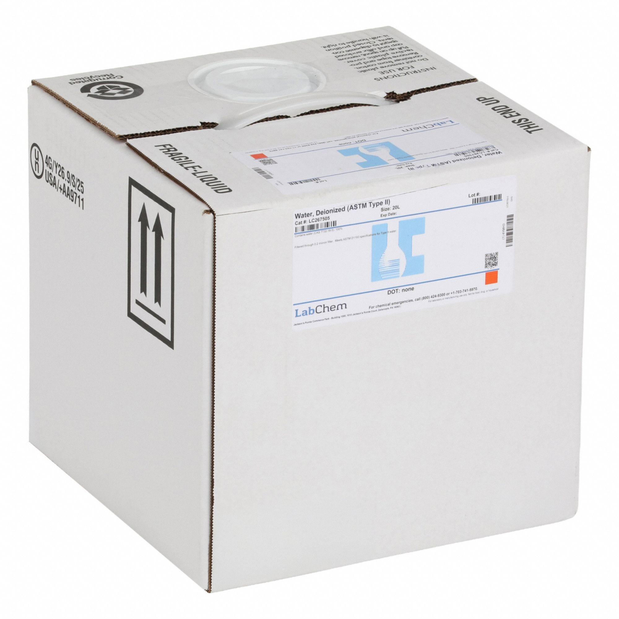 Water - ASTM Type 2: 20 L Volume, Liquid, Box, Plastic, 7732-18-5, Reagent, H2O, ACS/Lab, 1