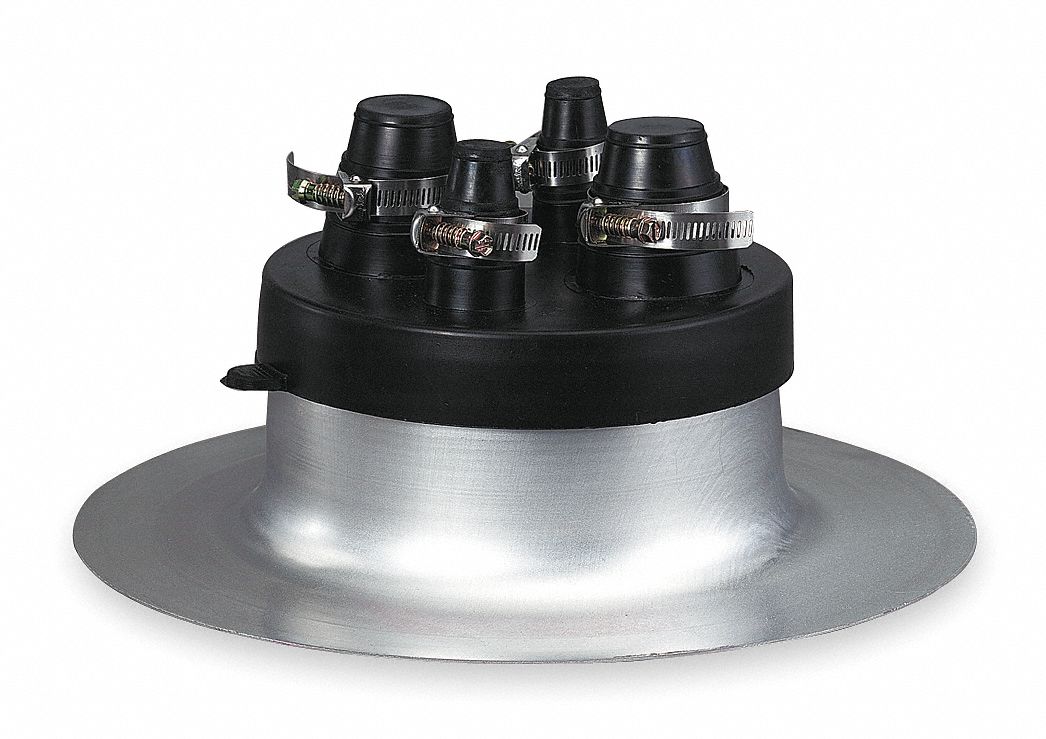 Roof Vent Pipe Flashing: For Flat Roof, Round Base, For 4 Pipes, 2 in Max Pipe, Aluminum, EPDM