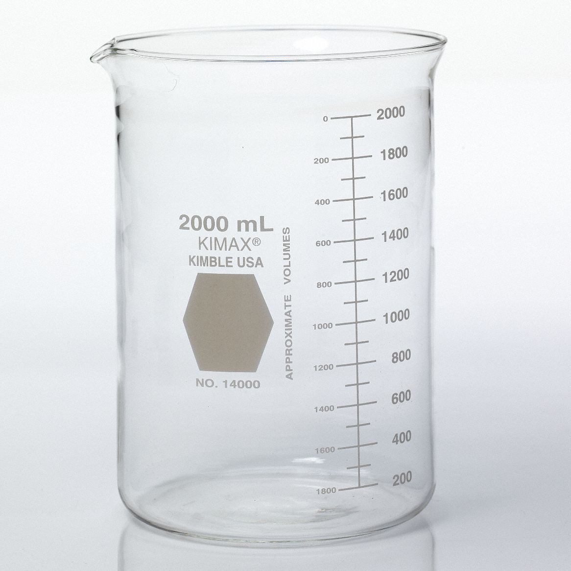 Beaker: Borosilicate Glass, Low Form, 2 L Capacity - mL, 67.62 fl oz Capacity - oz, A, Autoclavable