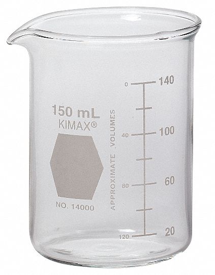 Beaker: Borosilicate Glass, Low Form, 150 mL Capacity - mL, 5.07 fl oz Capacity - oz, A, Type I