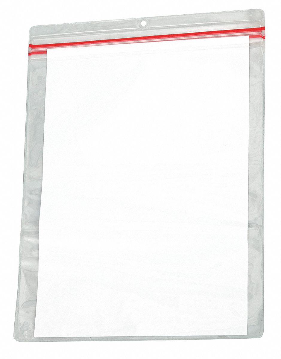 Shop Ticket Holder: Vinyl, Punched Hole, 13 in Ht, 9 3/4 in Wd, Clear, 15 PK
