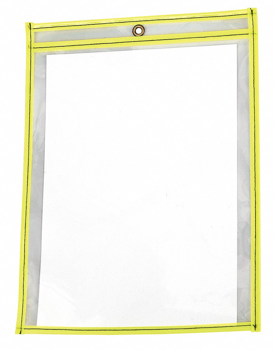 Shop Ticket Holder: Vinyl, Grommet, 13 3/8 in Ht, 10 1/8 in Wd, Clear/Yellow, 15 PK
