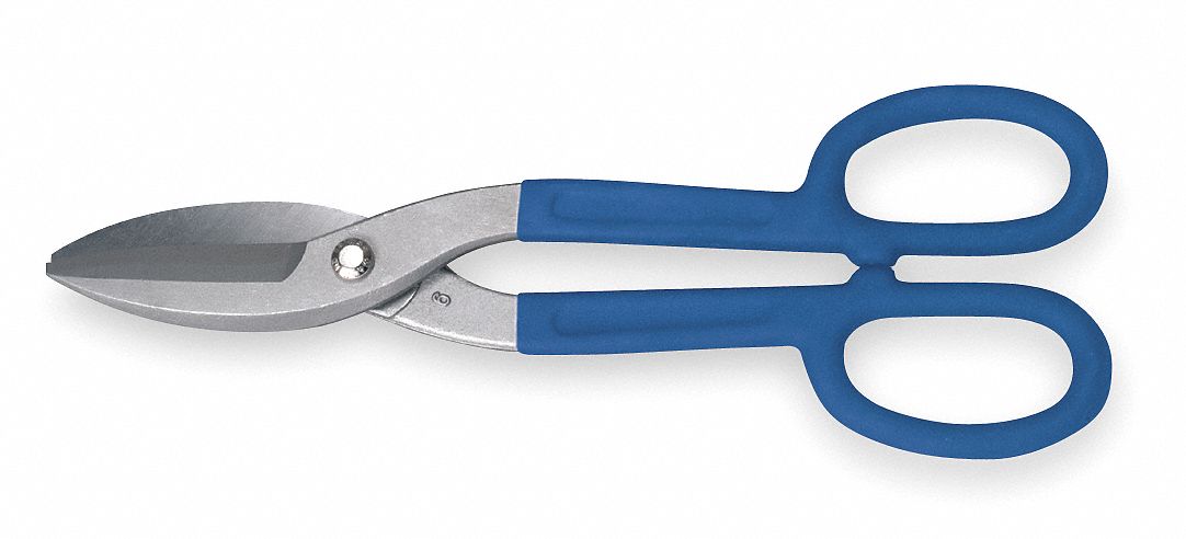 Tinners Snip: Straight, 12 in Overall Lg, 2 1/2 in Cutting Lg, Steel, Plastic, Plastic