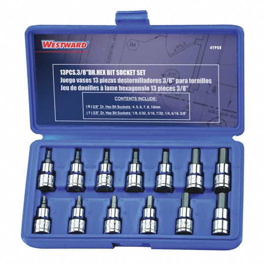 WESTWARD Socket Bit Set, 3/8 in. Dr, 13 Piece, Hex 4YP584YP58 Grainger