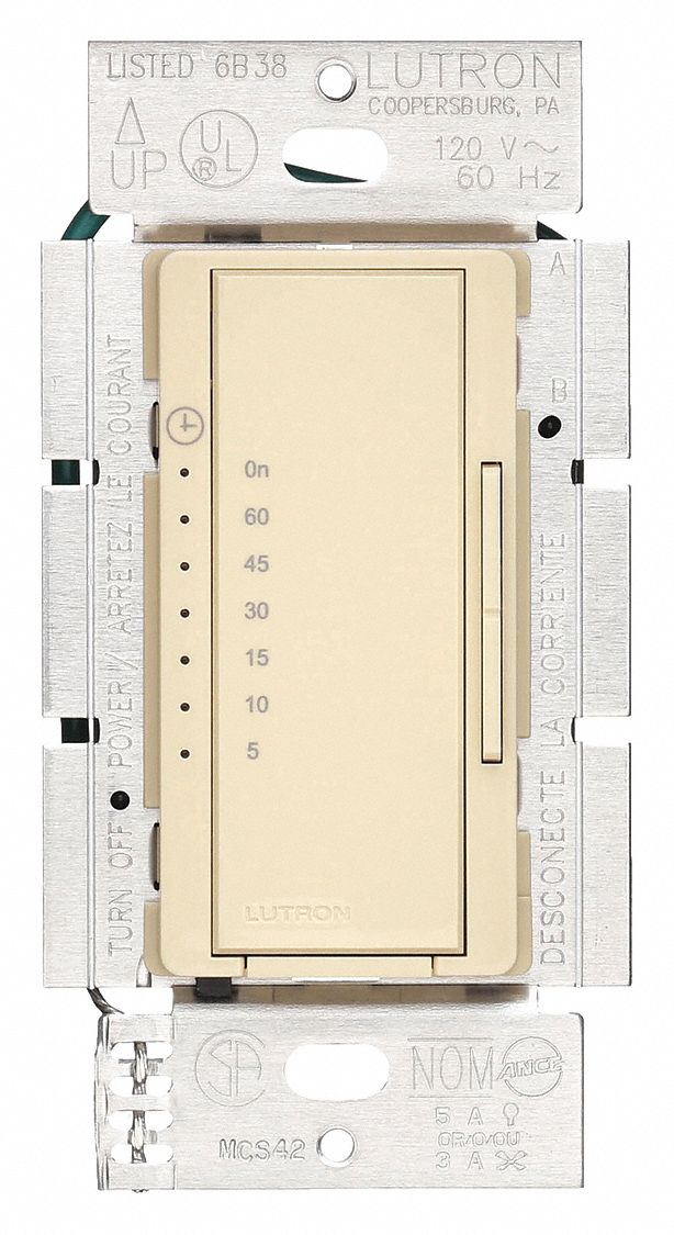 Lutron 120VAC Electronic Wall Switch Timer, Max. On/Off Cycles1, Ivory
