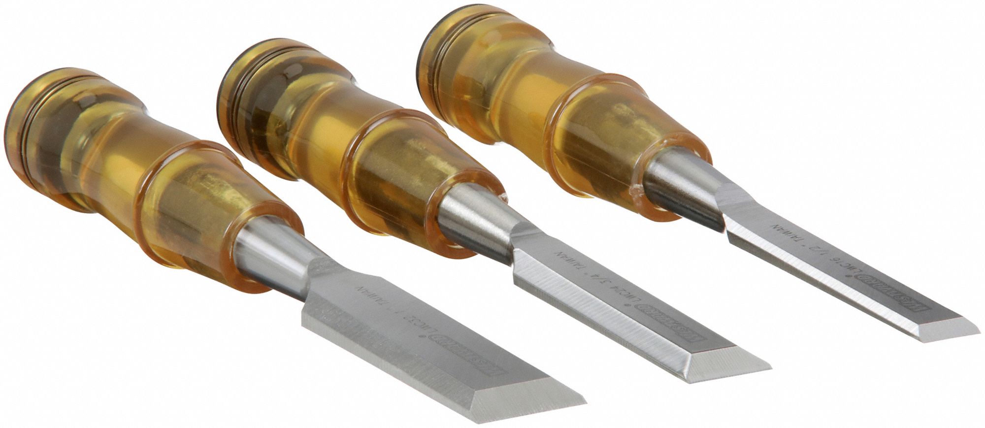 WOOD CHISEL SET, PLASTIC, 7¾ IN OVERALL L, 3 PIECES, ½ IN/1 IN/¾ IN, ½ IN/¾ IN/1 IN W