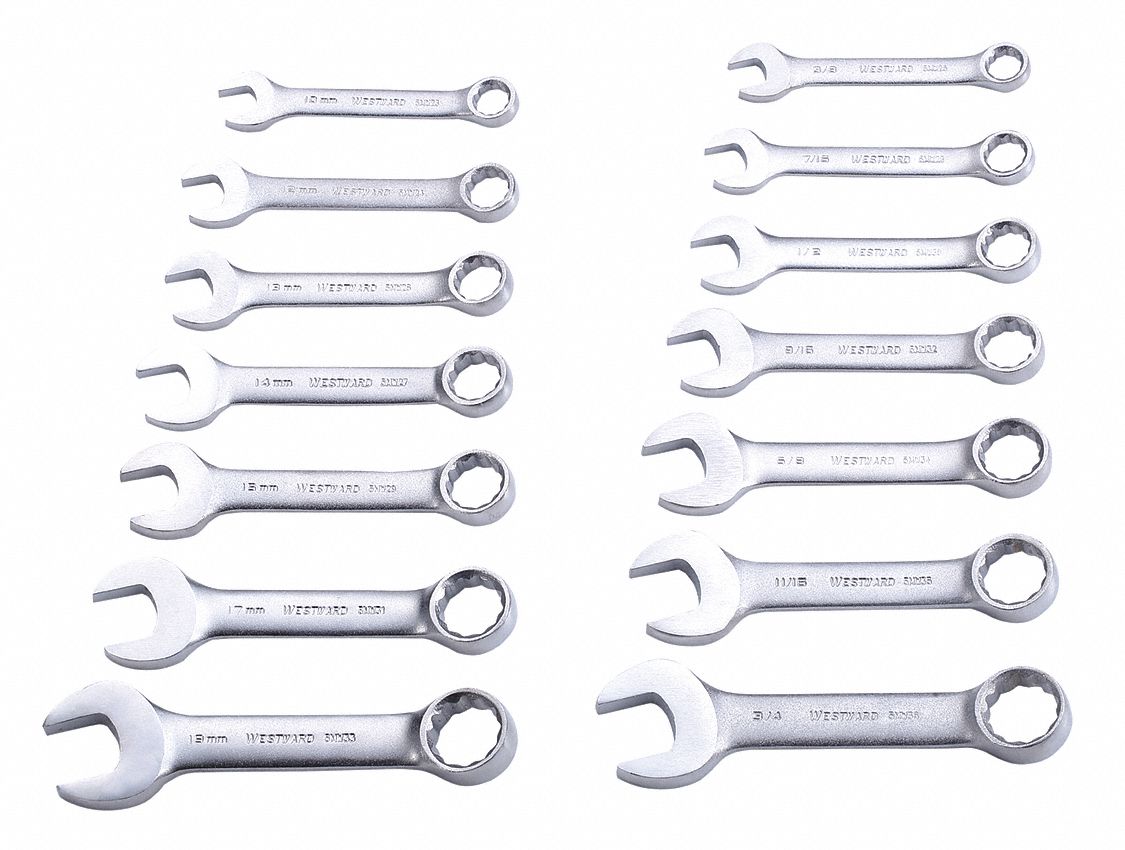 WESTWARD Combination Wrench Set: Alloy Steel, Satin, 14 Tools, 15° Head ...