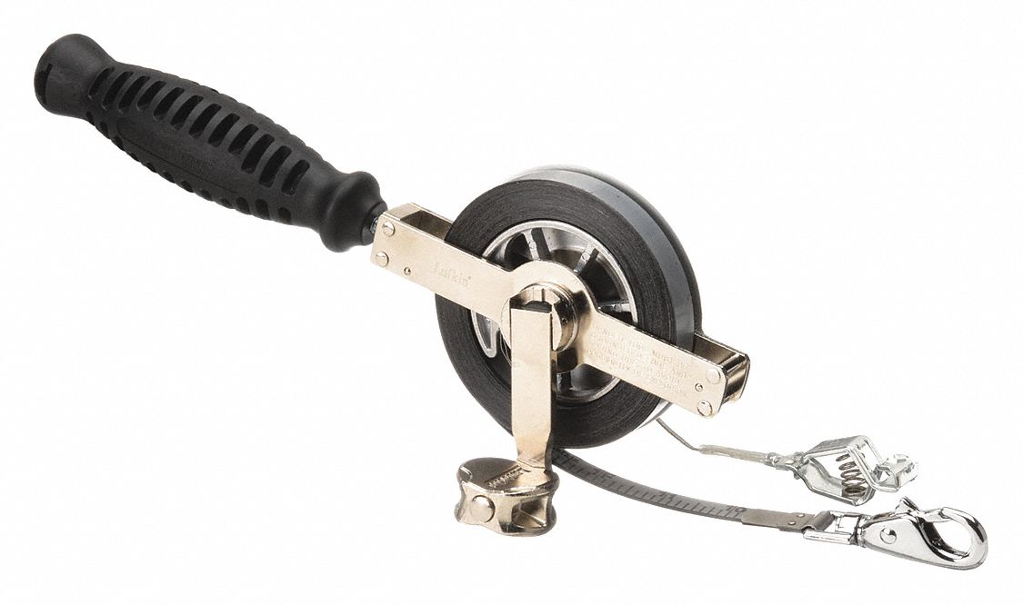 Double Duty Oil Gauging Tape Measure: 33 ft, Swivel Snap Tip, Steel, SAE, Silver