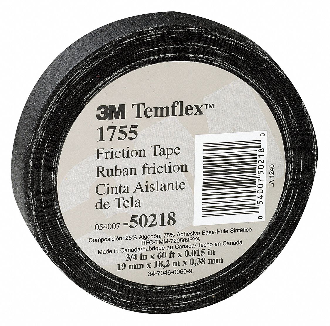 3M Temflex Cotton Friction Tape 1755, 3/4 in x 60 ft, Black, 20 rolls/Case