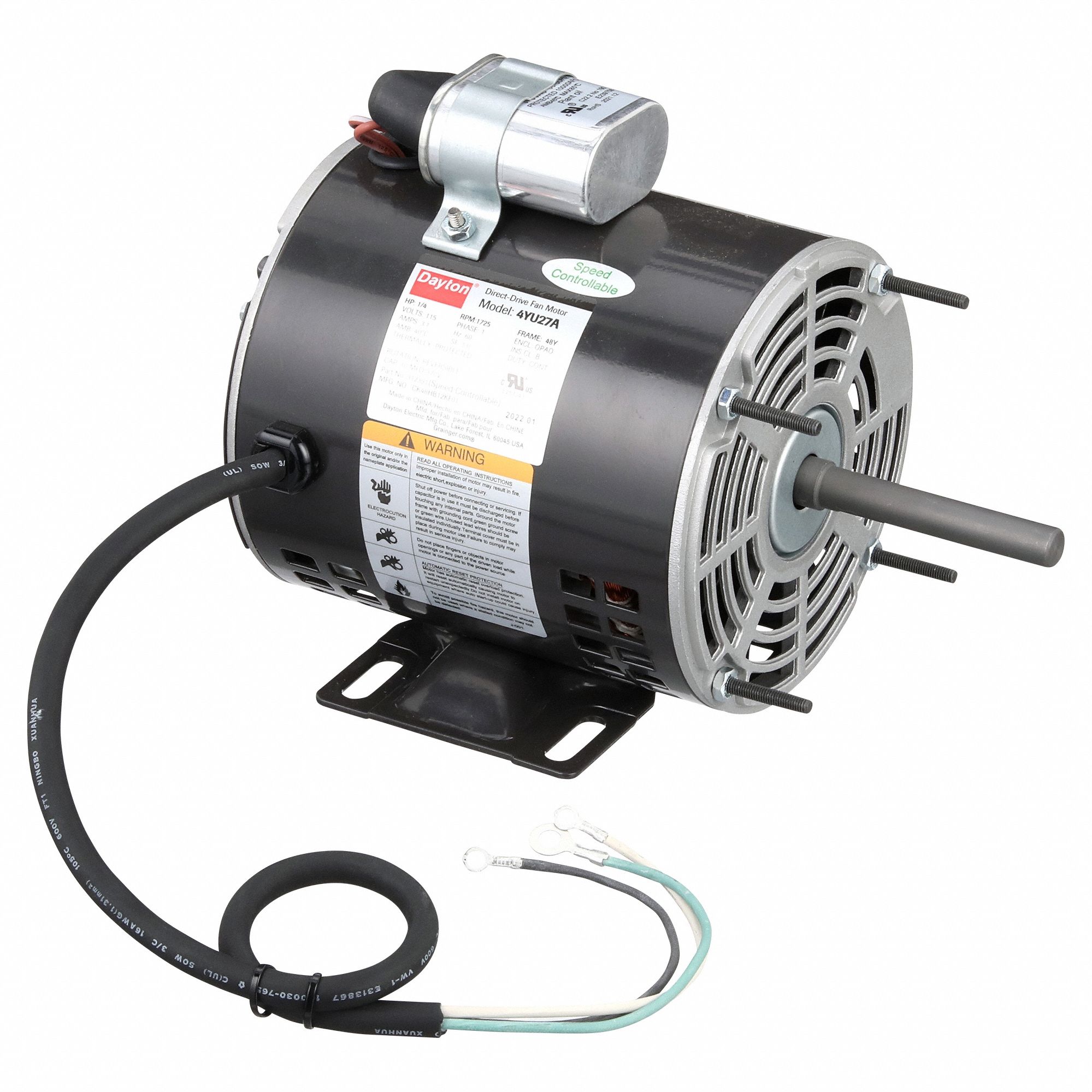 DAYTON Direct Drive Blower Motor: 1 Speed, Open Air-Over, Rigid Base Mount,  1/4 HP, 115V AC, Auto