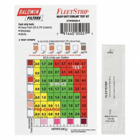 BALDWIN FILTERS, Freeze Point/Glycol/Molybdate/Nitrite, Coolant Test ...