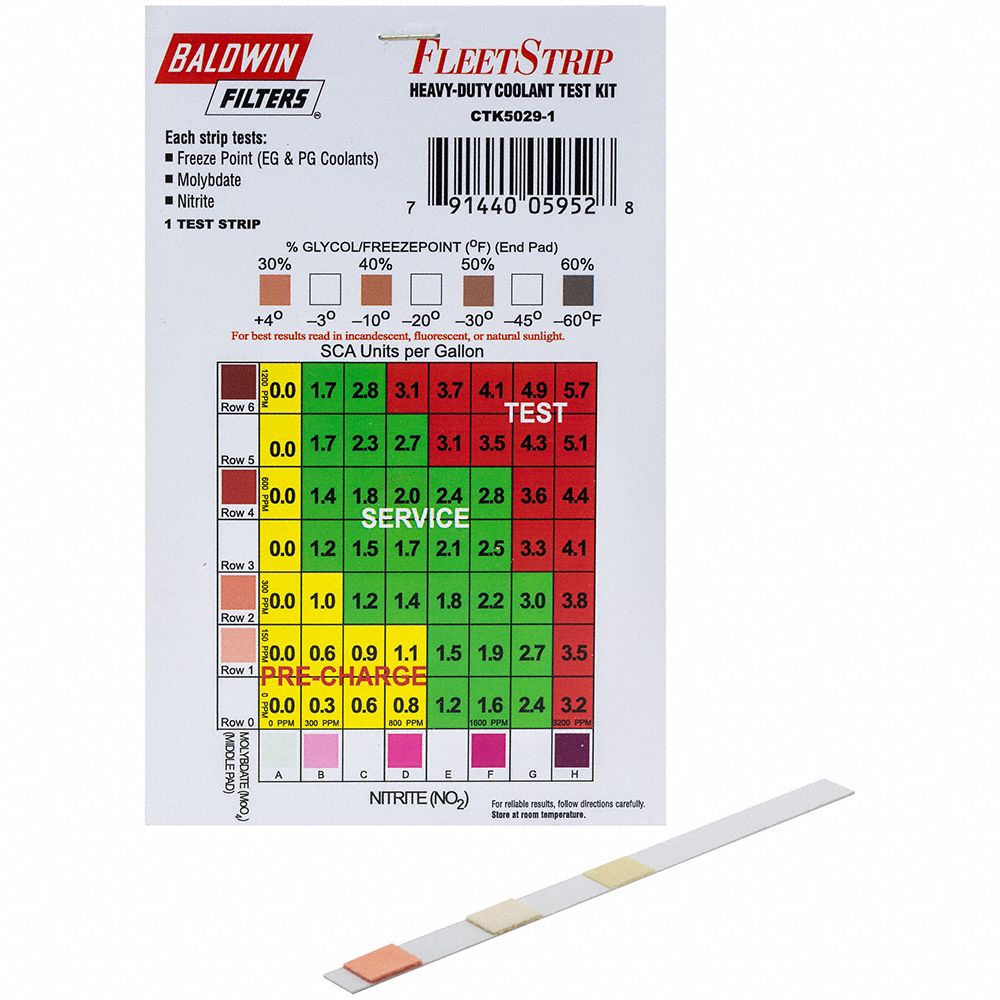 Coolant Test Strips: SCAs, 1 Tests, Strip, 1/8 in Overall Lg, 3 3/8 in Overall Wd