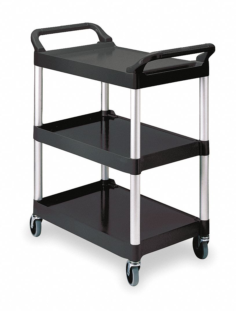 DUAL-HANDLE UTILITY CART WITH LIPPED PLASTIC SHELVES, BLACK