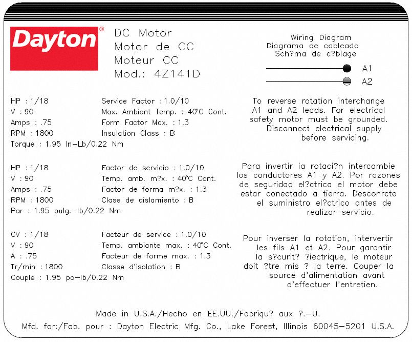 Dayton Dc Permanent Magnet Motor 1 18 Hp Non Standard Frame Nameplate Rpm 1 800 Voltage 90v Dc 4z141 4z141 Grainger