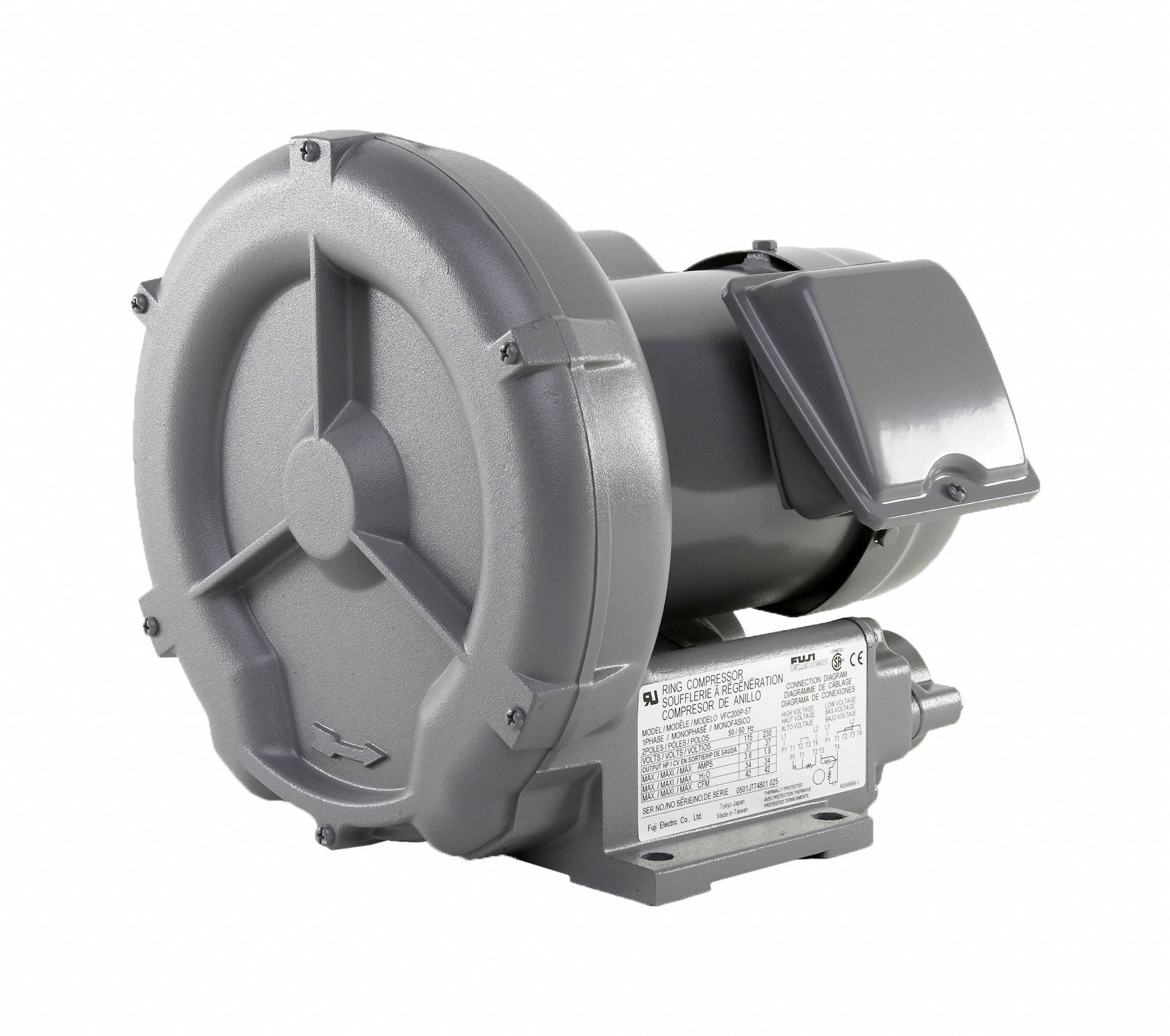 FUJI ELECTRIC Regenerative Blower: 0.33 hp, 33.9 in wc Max Op Pressure, 33  in wc Max Vacuum