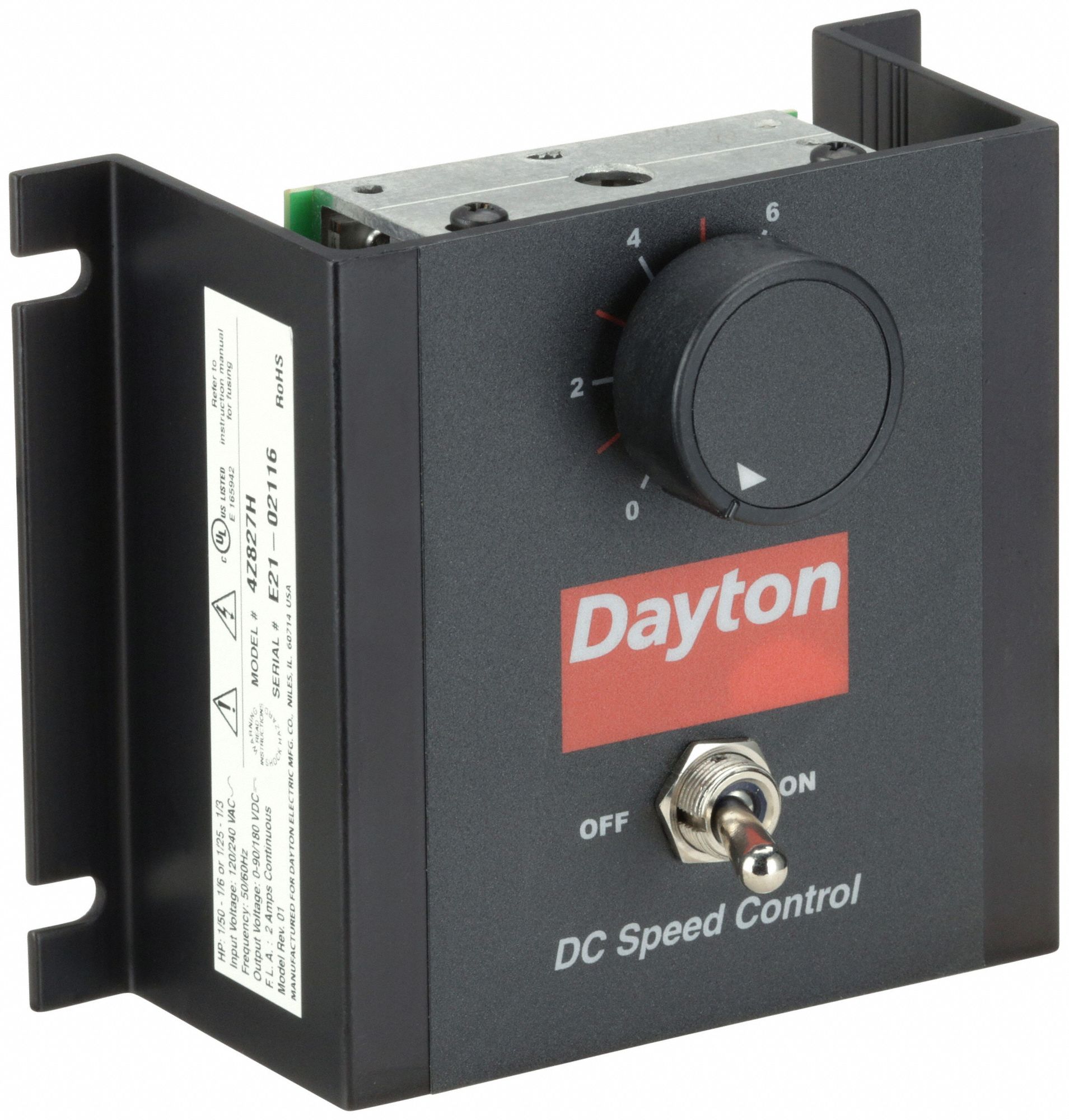 DAYTON DC Speed Control: SCR, Open, 2 A Max Current, 0 to 90/180V DC, 25:1,  Single Direction, ON/OFF
